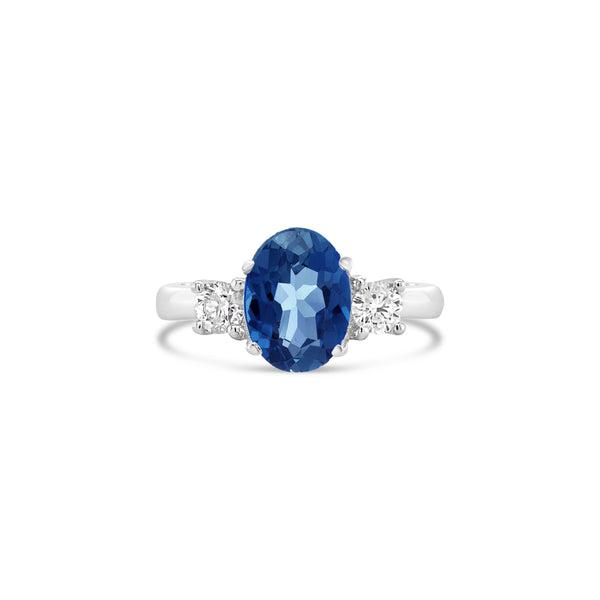 Three Stone Oval Sapphire Lab Grown Diamond Engagement Ring