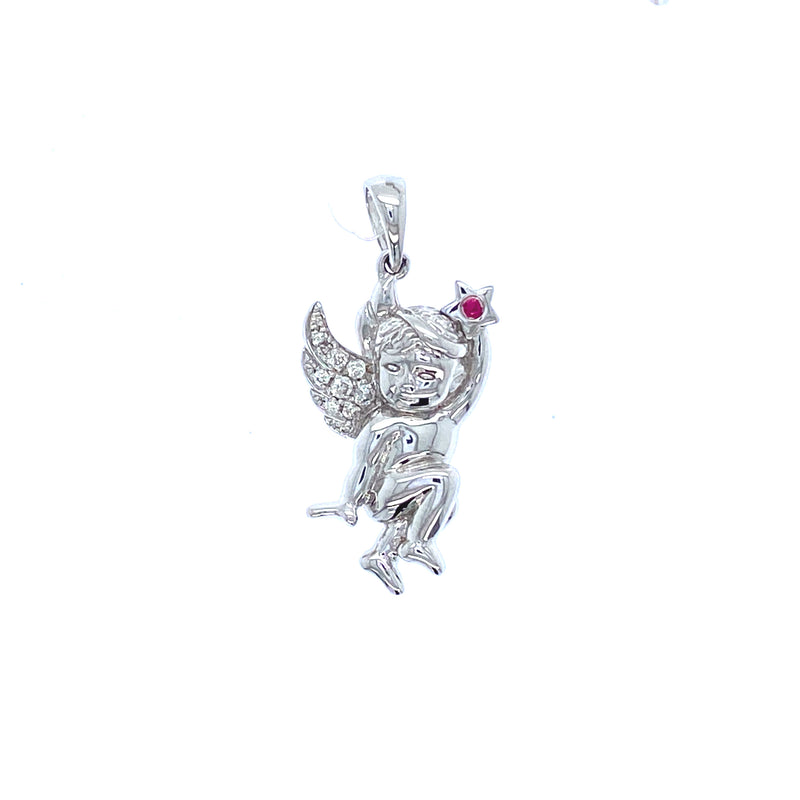 18k white gold diamond and ruby angel pendant