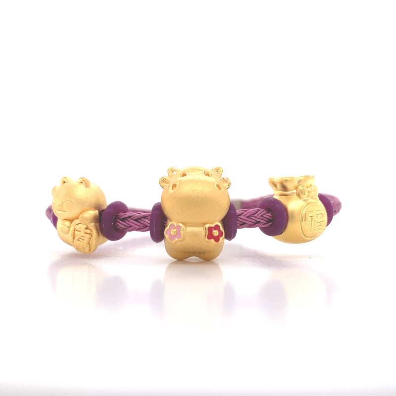 24K Yellow Gold Lucky Charms Bracelet - Cat, Cow and Lucky Money Bag
