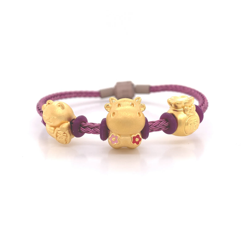 24K Yellow Gold Lucky Charms Bracelet - Cat, Cow and Lucky Money Bag