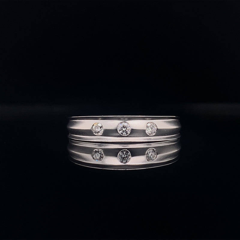 three stone satin finish curved edge wedding ring