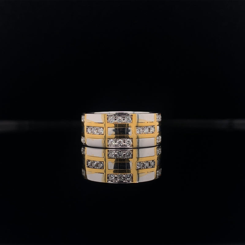 checkered white and yellow gold diamond wedding ring